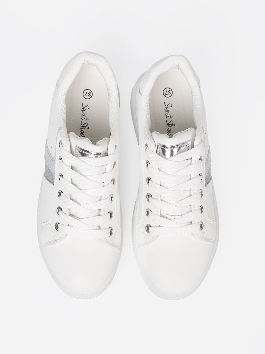 White Sneakers with Metallic Silver Accent