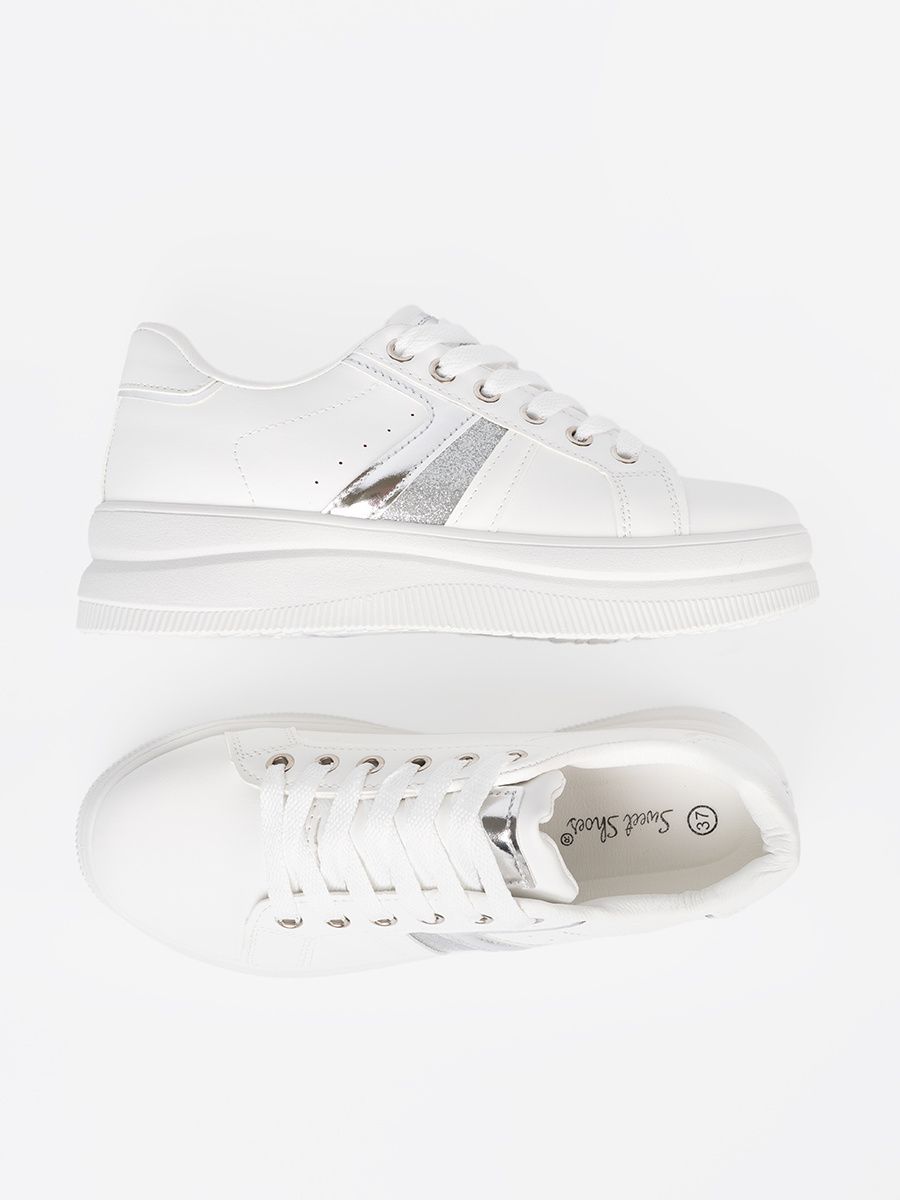White Sneakers with Metallic Silver Accent