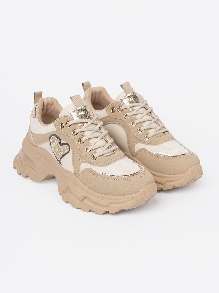 Beige Sneakers with Decorative Golden Heart