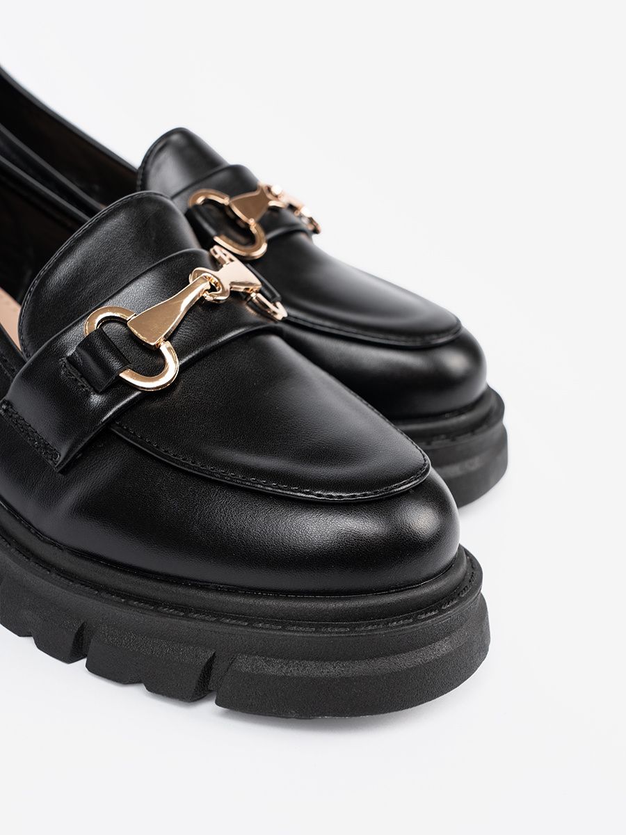 Classic Black Moccasins with Metal Buckle