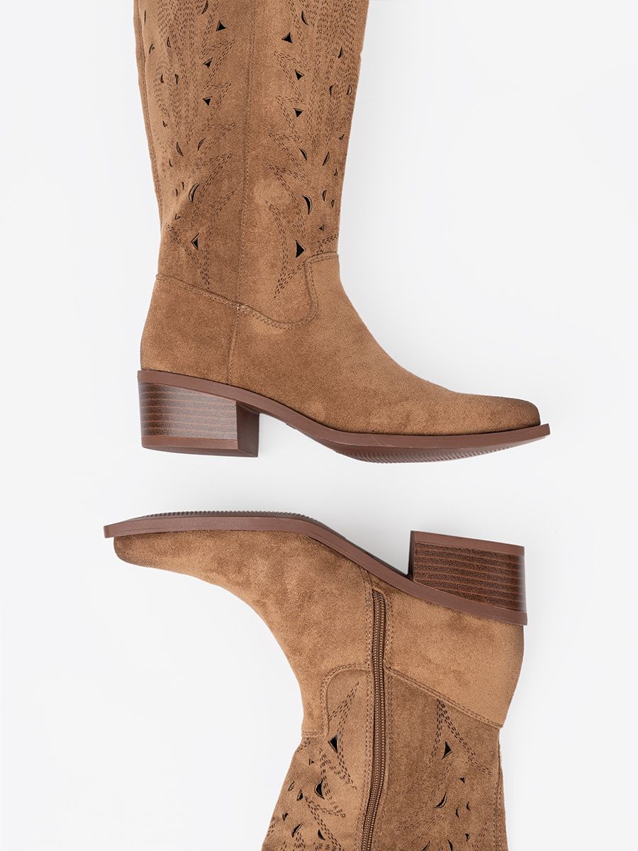 Brown Knee-High Cutout Boots