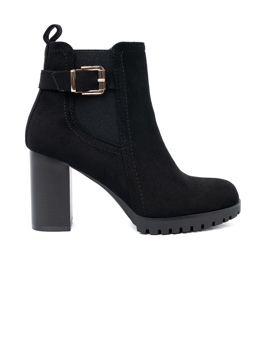 Black Ankle Boots with Block Heel and Decorative Buckle