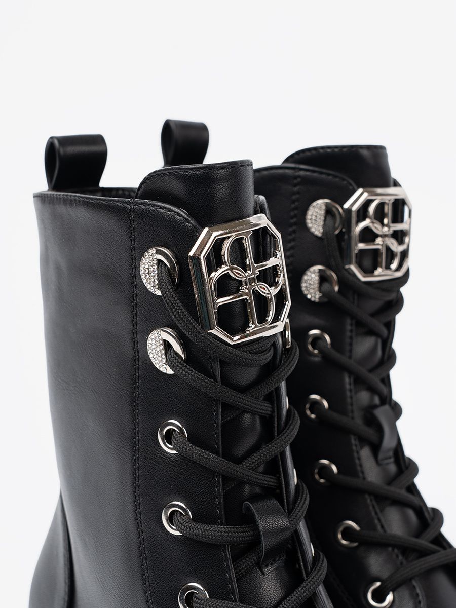 Black Lace-Up Ankle Boots with Metal Decoration