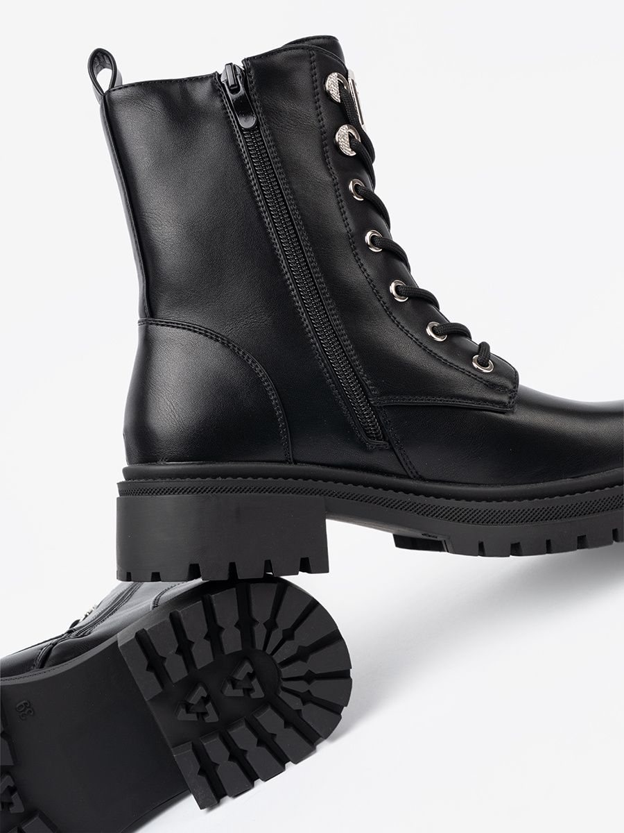 Black Lace-Up Ankle Boots with Metal Decoration