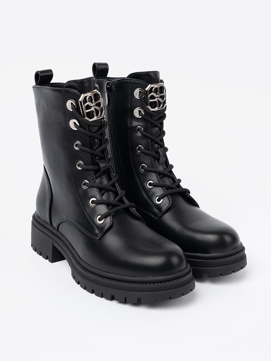 Black Lace-Up Ankle Boots with Metal Decoration