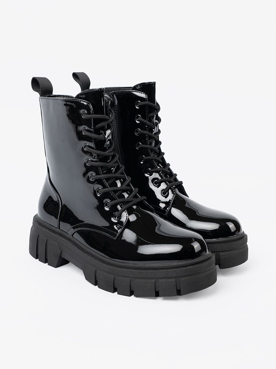 Black Patent Ankle Boots on Chunky Sole