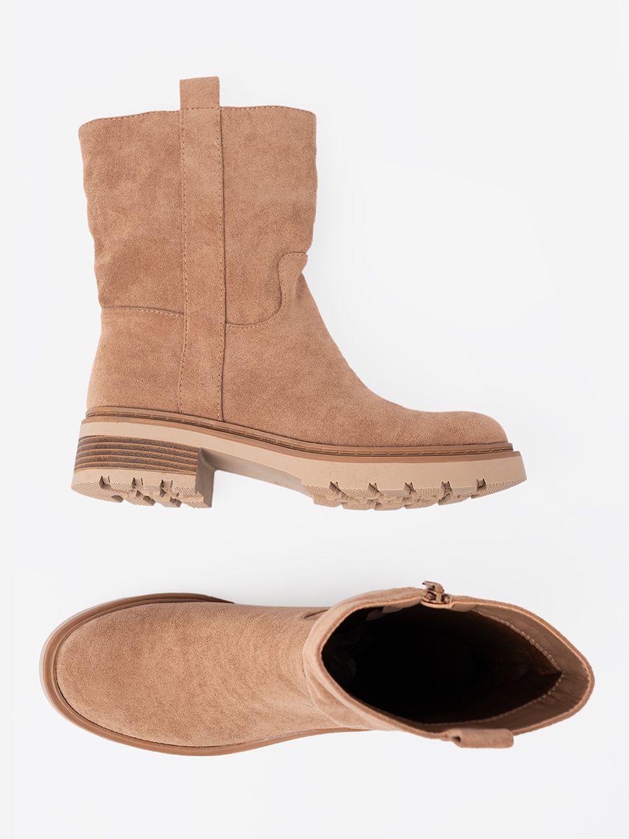 Minimalist caramel ankle boots in soft suede-effect material
