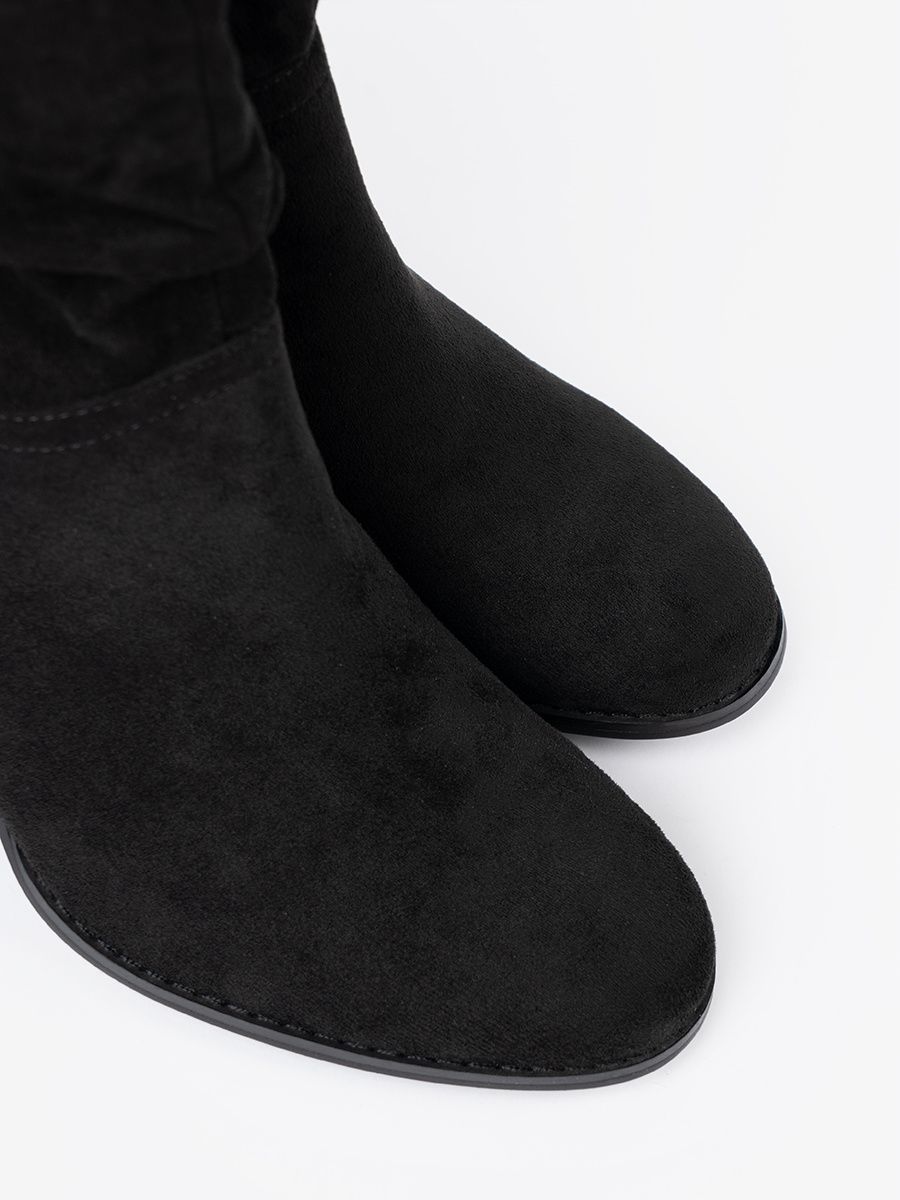 Black Suede Ankle Boots with Block Heel and Gathered Shaft