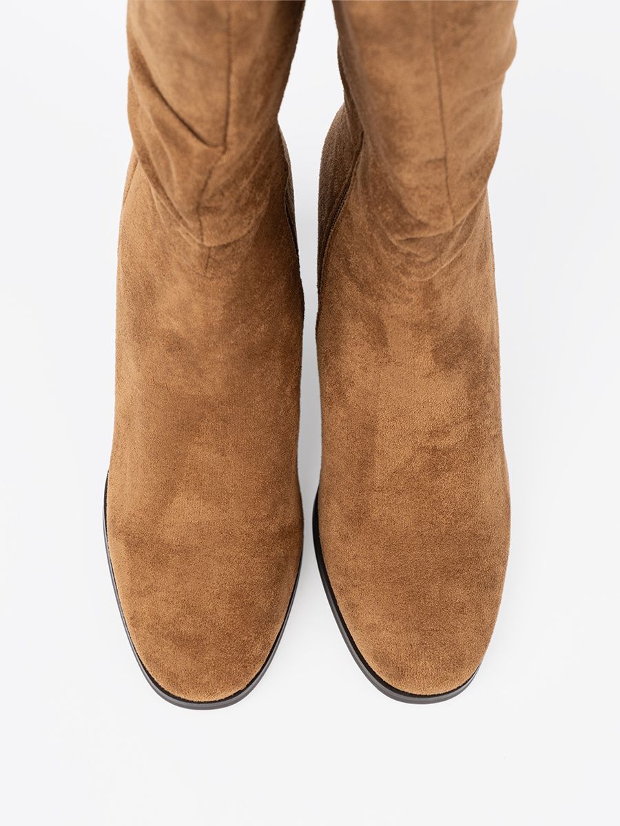 Caramel ankle boots with ruched upper and block heel