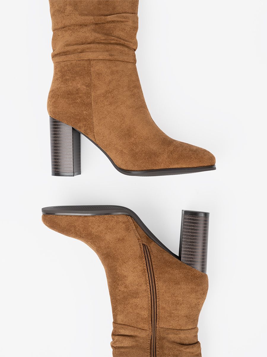 Caramel ankle boots with ruched upper and block heel