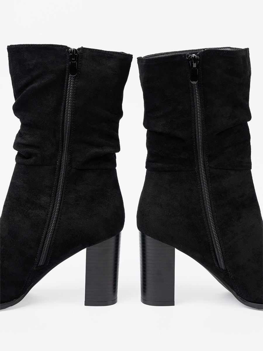 Black Ankle Boots with Block Heel and Gathered Shaft