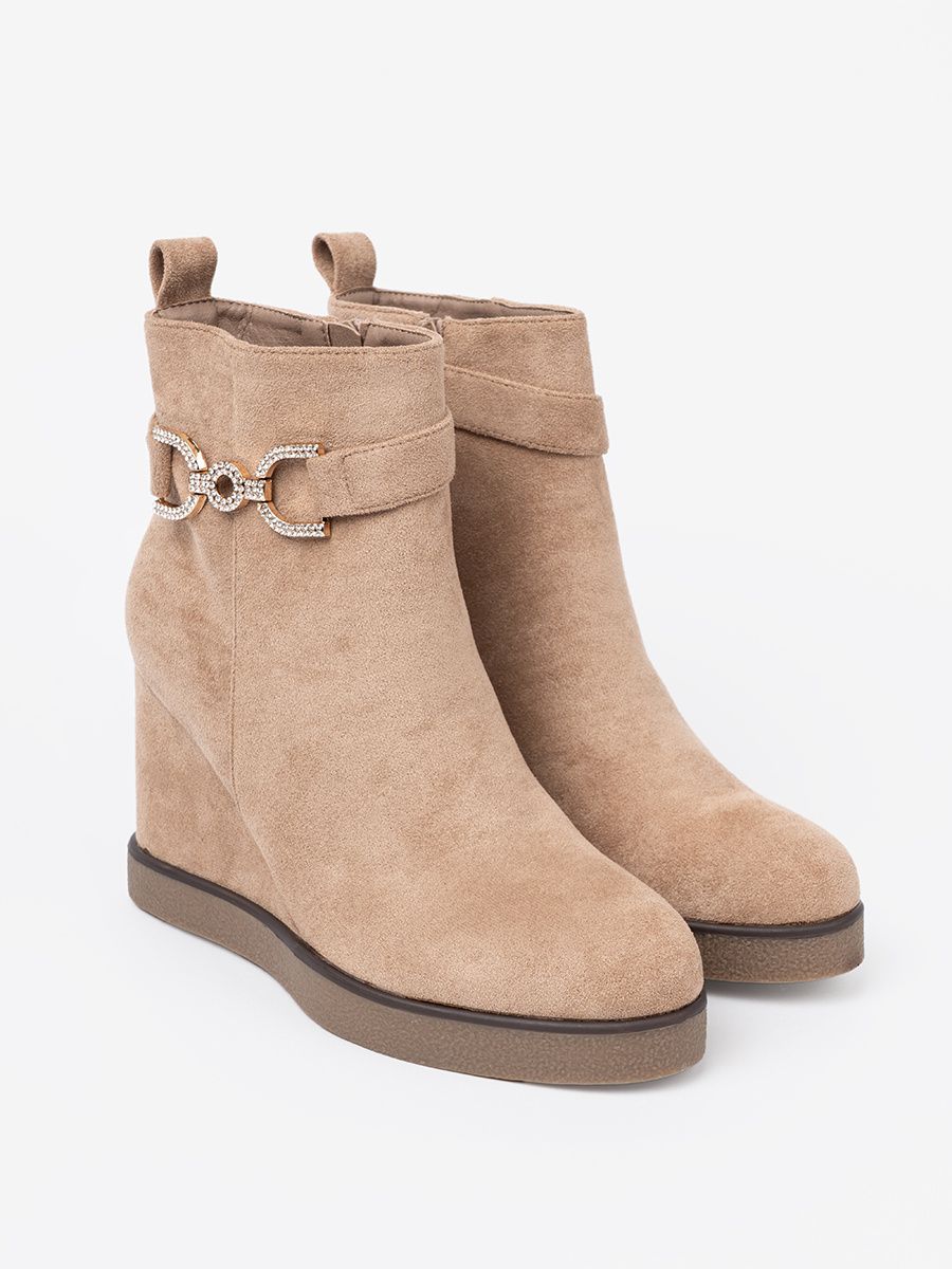 Beige Wedge Ankle Boots with Decorative Buckle