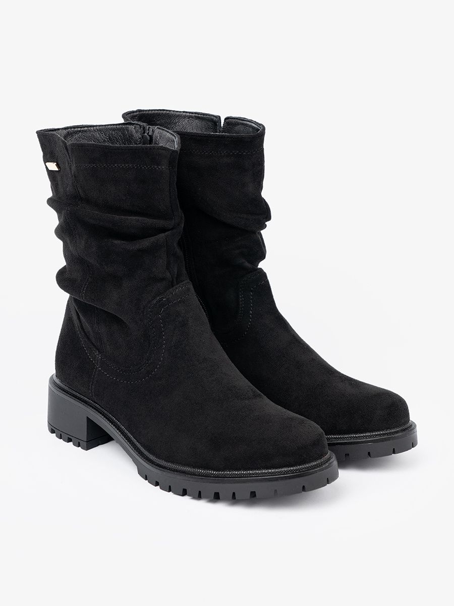 Black Ankle Boots with Ruffled Shaft and Zipper