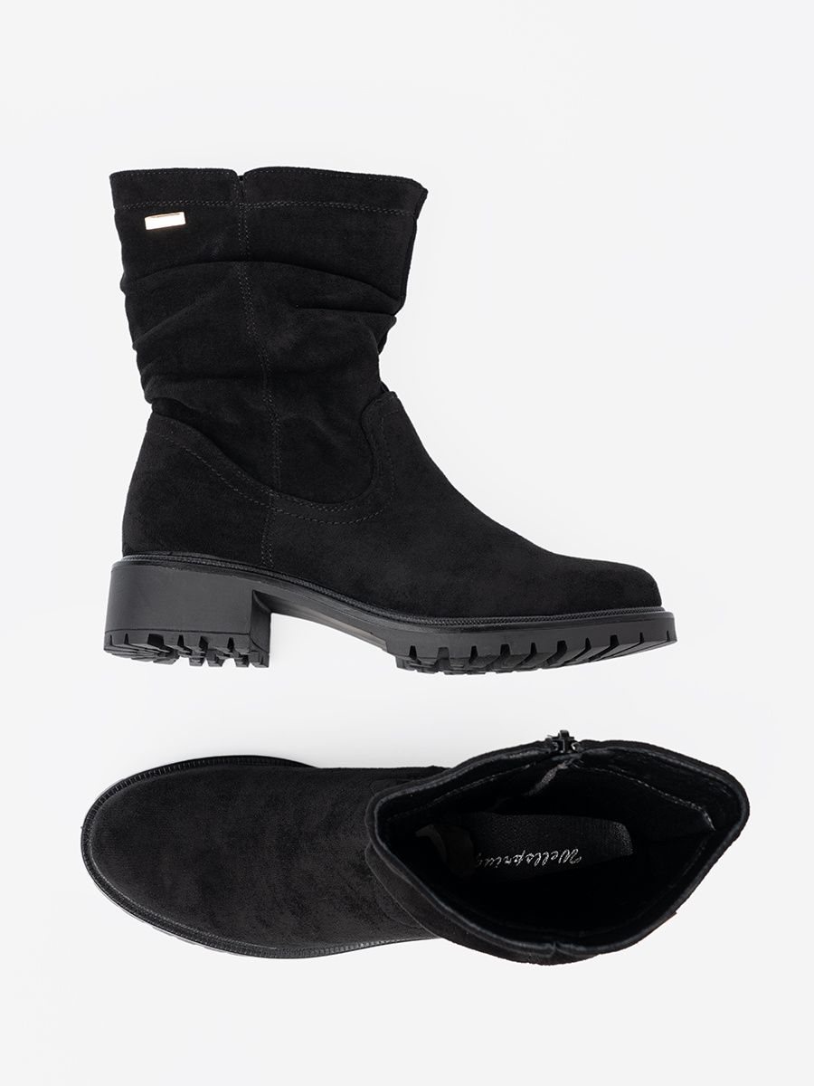 Black Ankle Boots with Ruffled Shaft and Zipper