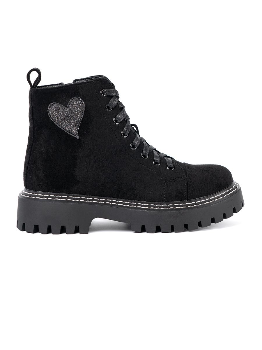 Black Lace-Up Ankle Boots with Shiny Heart