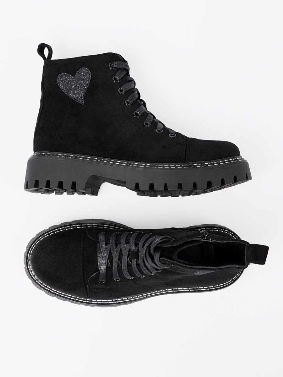 Black Lace-Up Ankle Boots with Shiny Heart