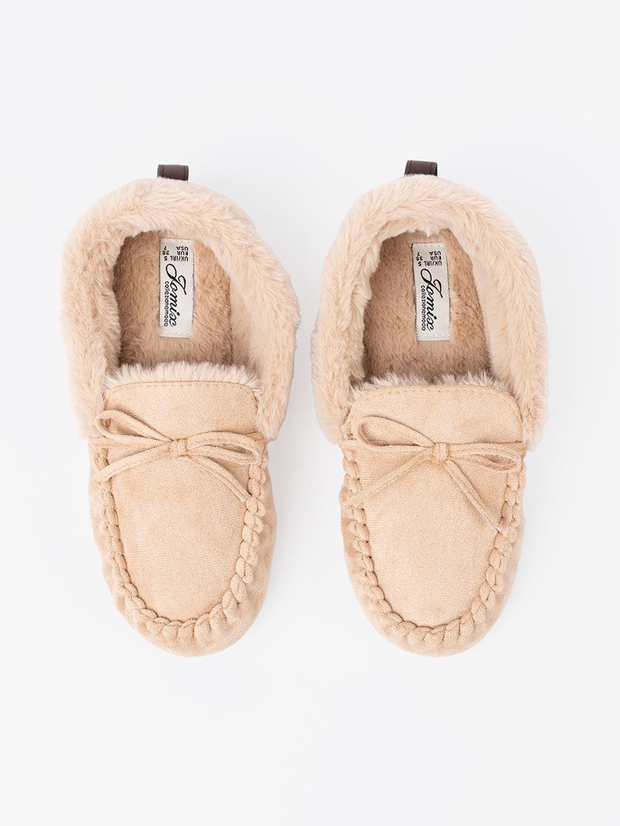 Warm Beige Slippers with Bow