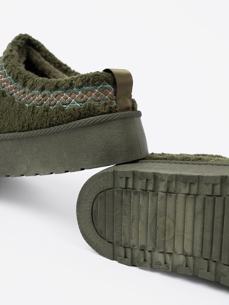 Dark Green Soft Slip-On Snow Boots Without Heel