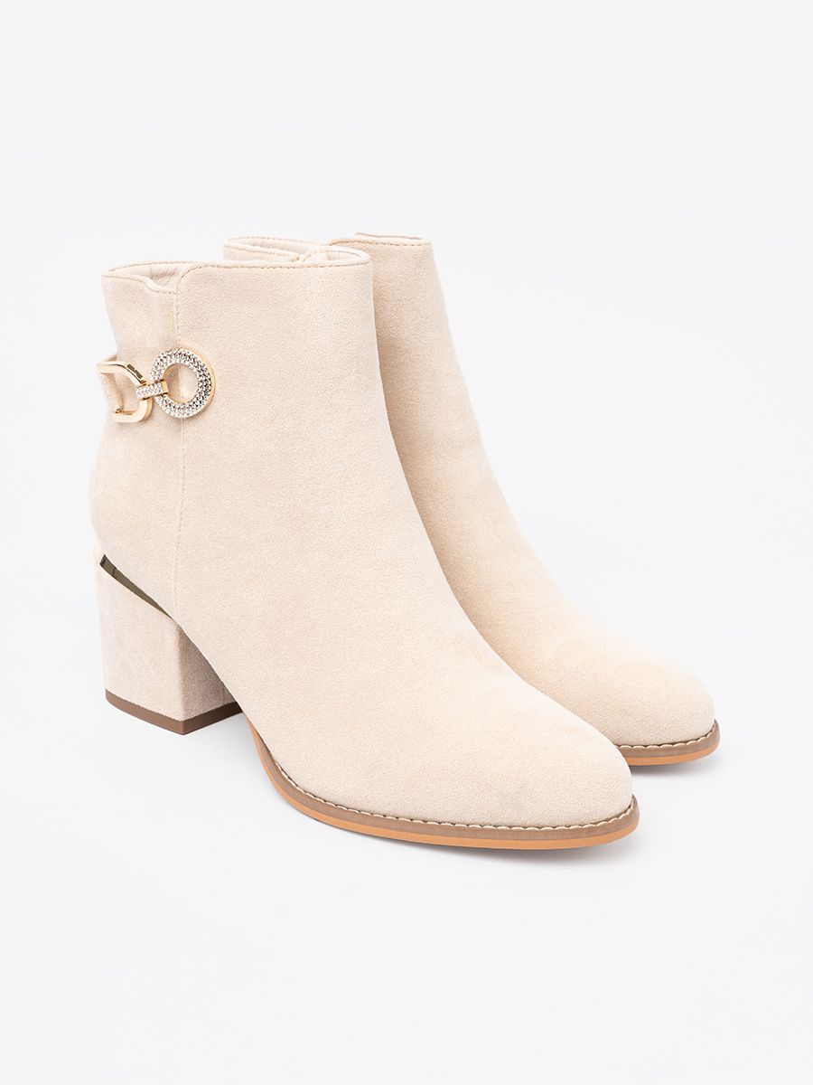Light Beige Ankle Boots with Block Heel and Decorative Buckle