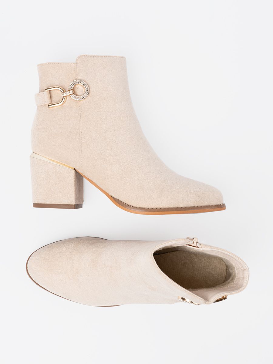 Light Beige Ankle Boots with Block Heel and Decorative Buckle