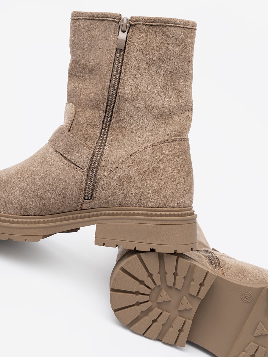 Beige Suede Ankle Boots with Decorative Buckles
