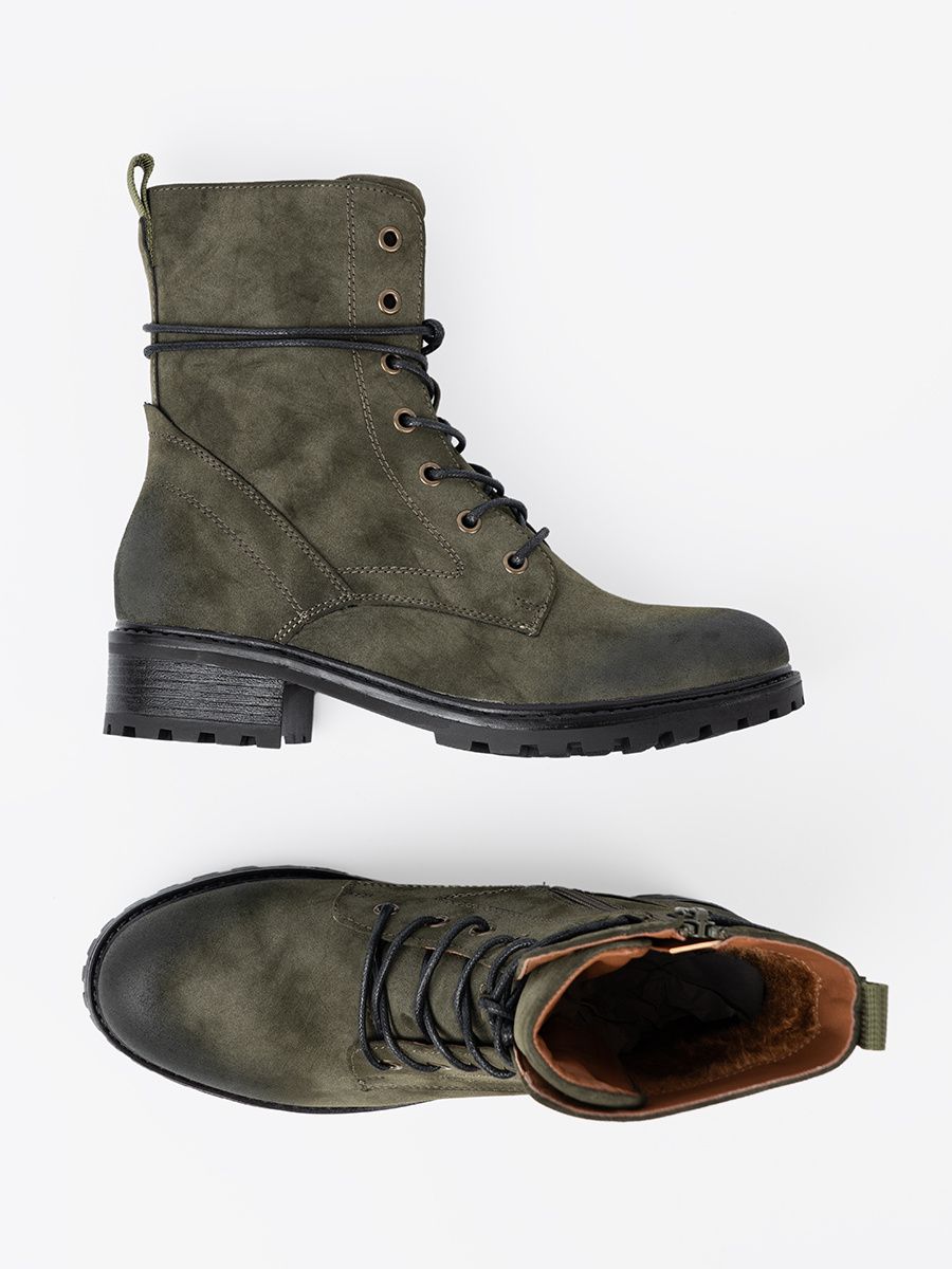 Dark Green Lace-Up Ankle Boots with Low Heel