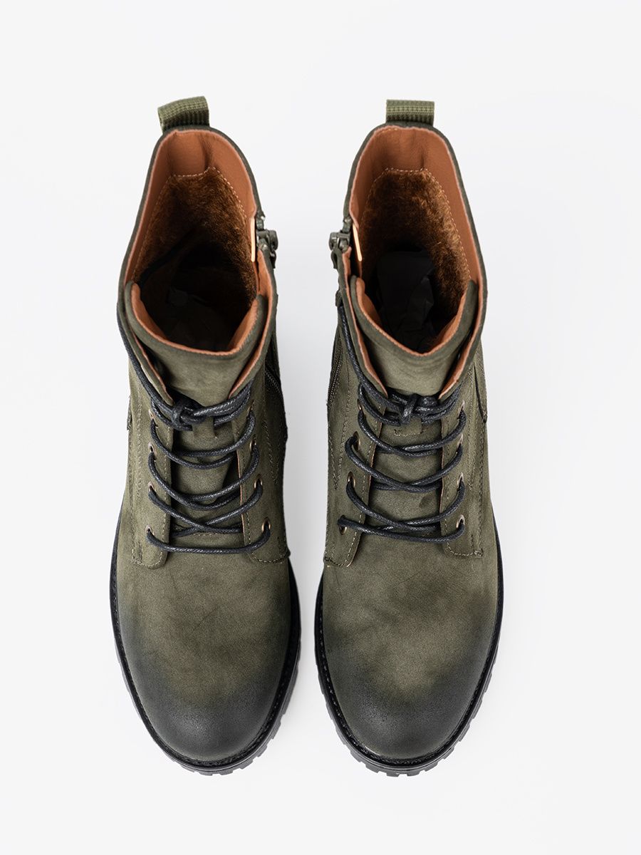 Dark Green Lace-Up Ankle Boots with Low Heel