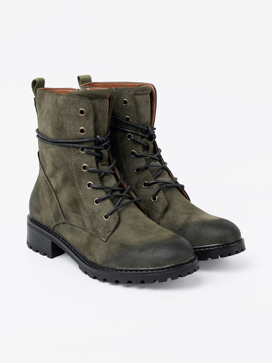 Dark Green Lace-Up Ankle Boots with Low Heel