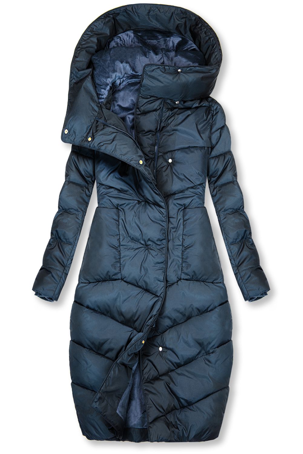 Dark blue winter jacket with a high collar