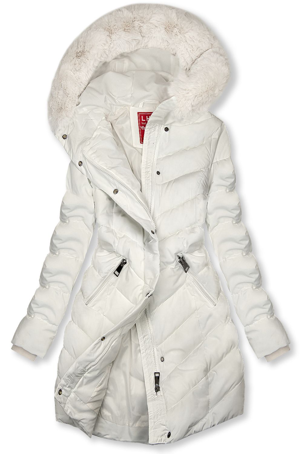 Creamy white winter jacket shaped for wider hips