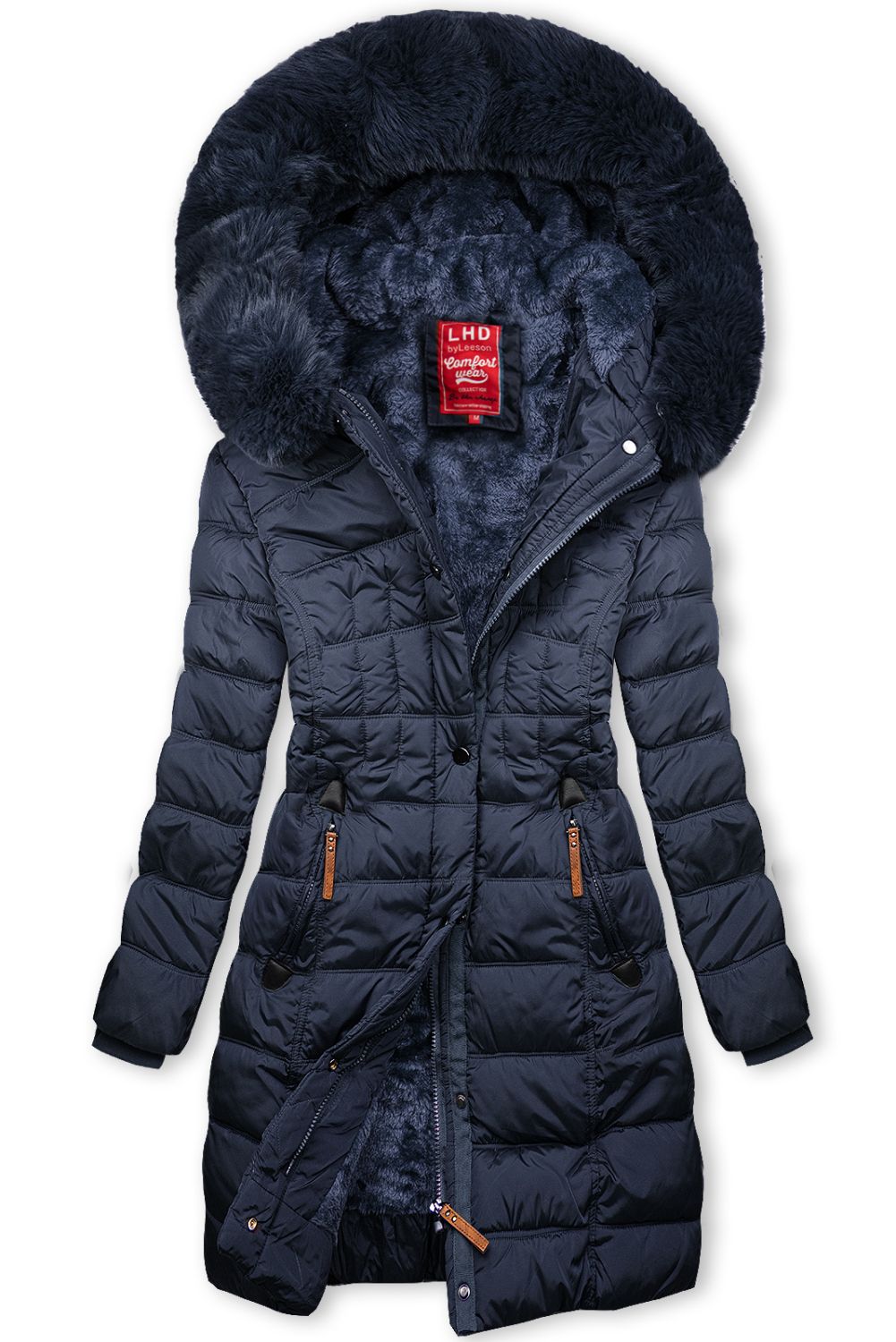 Dark blue winter jacket with plush and faux fur