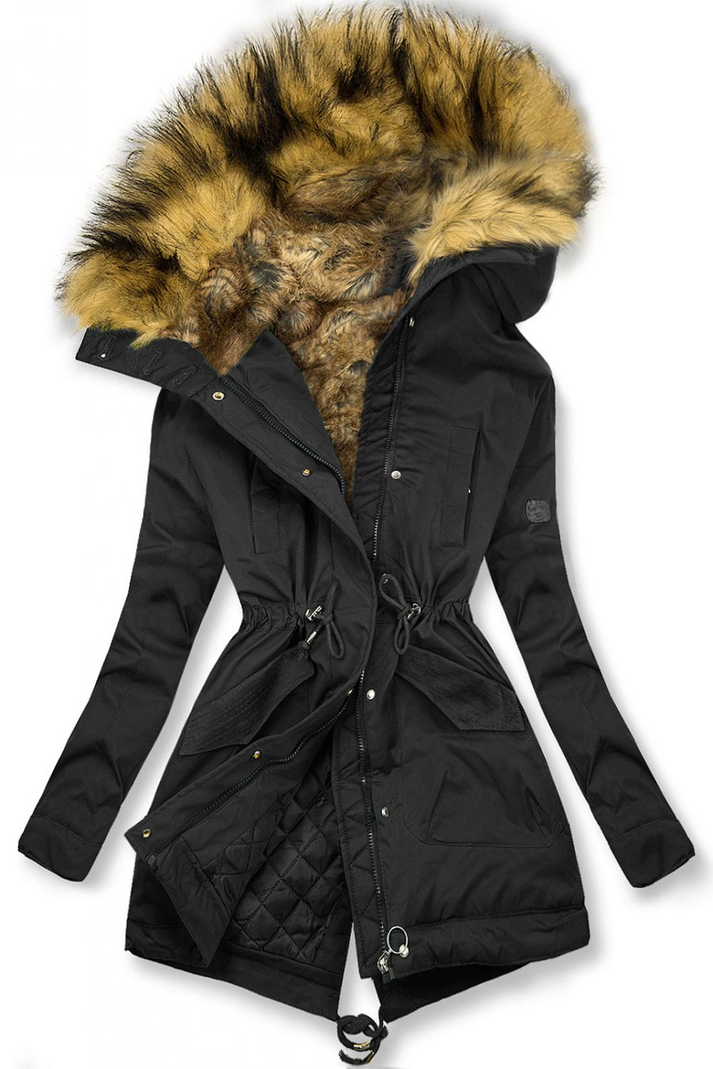 Black winter parka with high collar