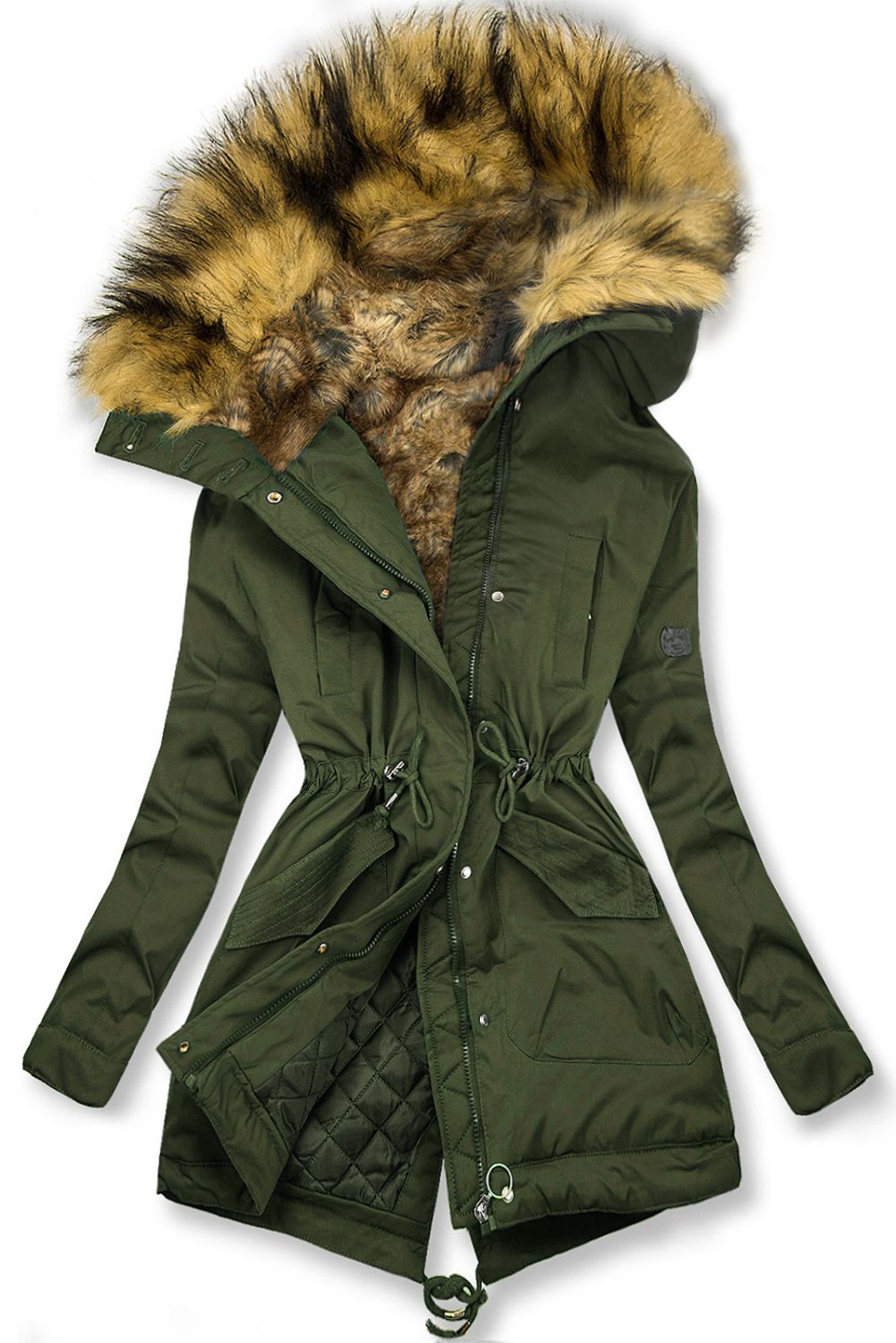 Olive green winter parka with high collar