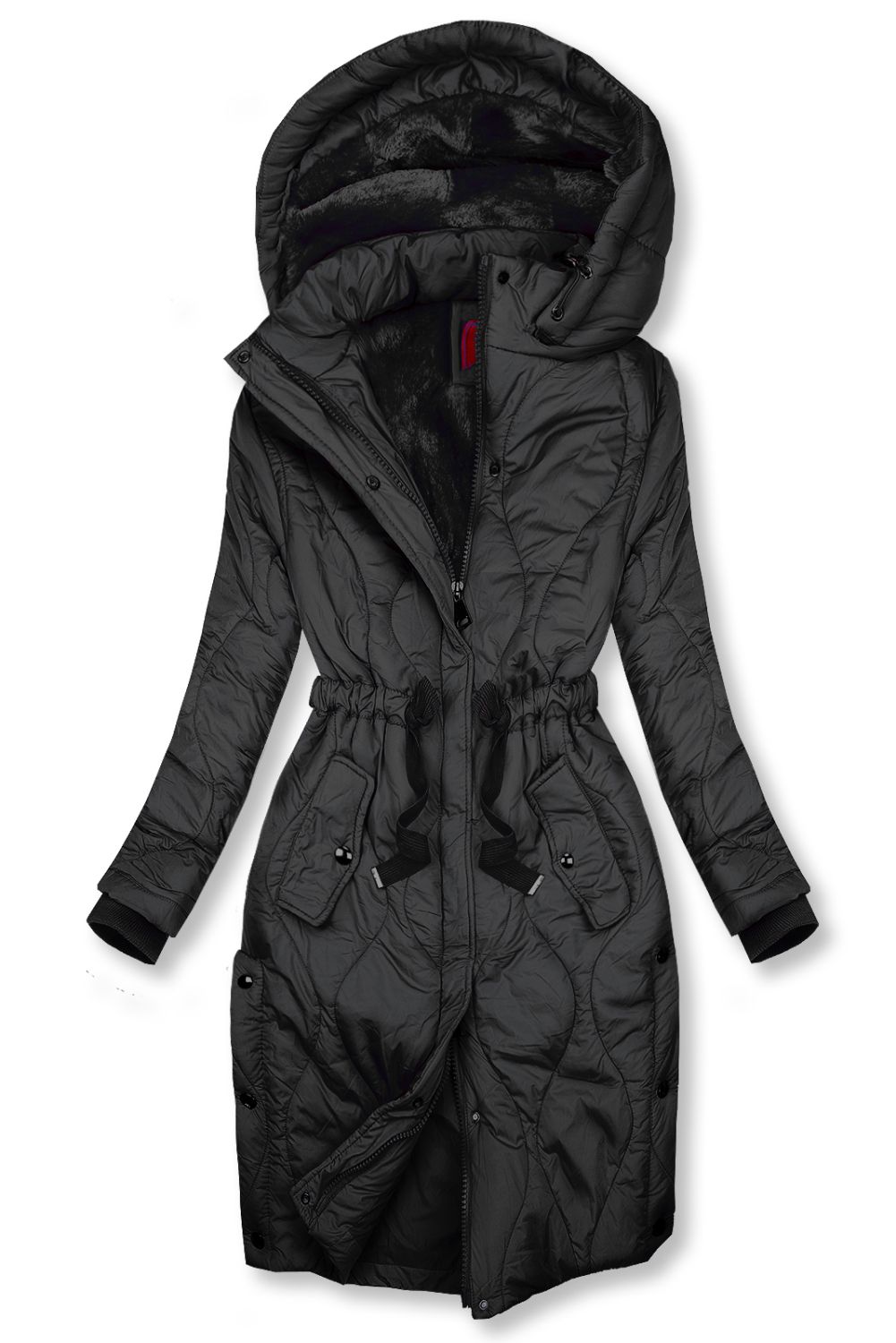 Black quilted jacket with drawstring waist