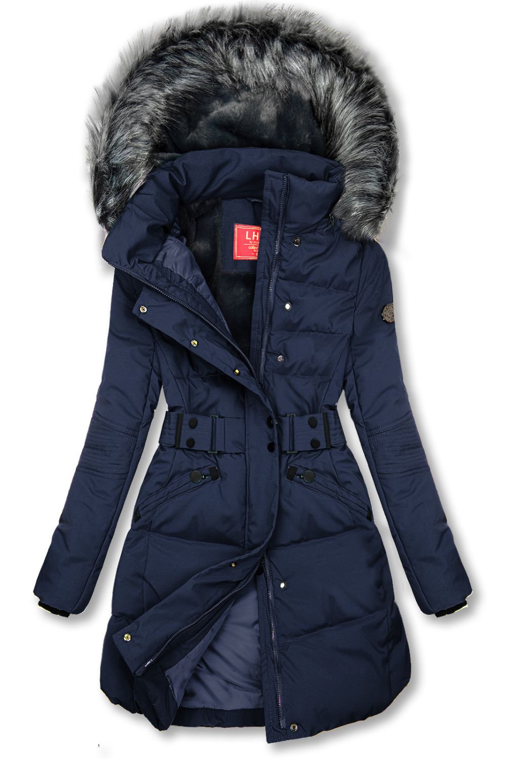 Dark blue winter jacket with belt