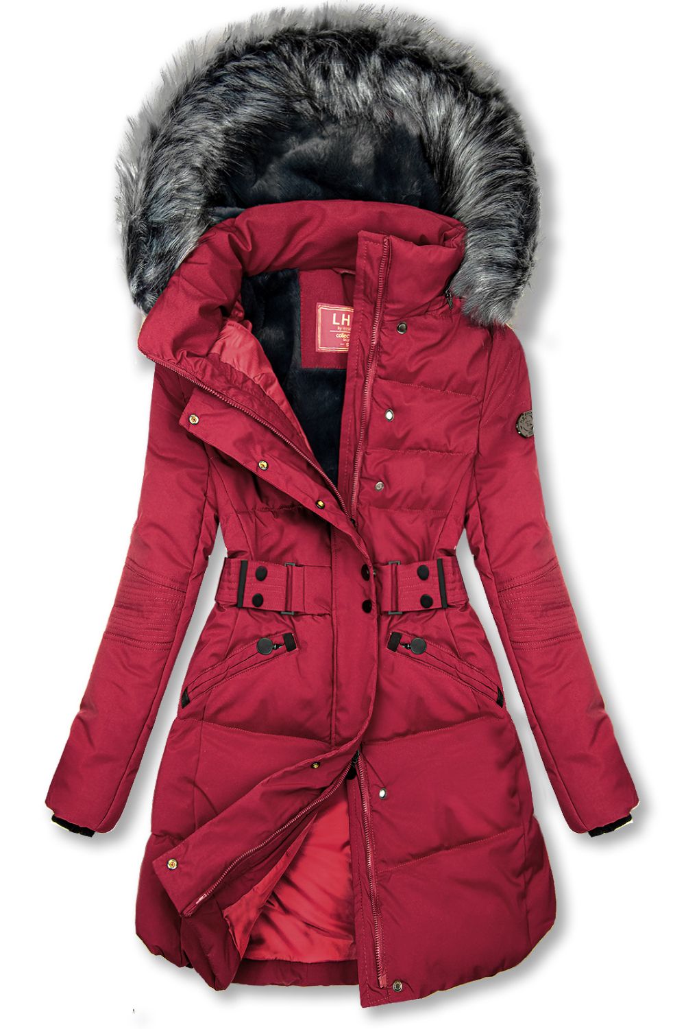Wine red winter jacket with belt