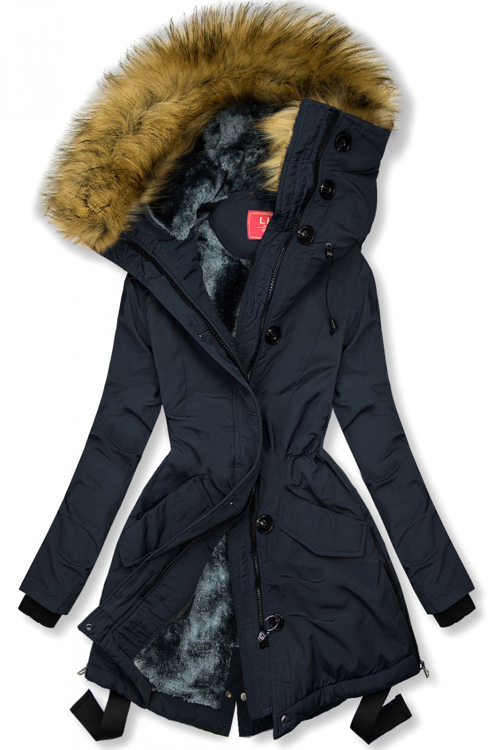 Navy winter jacket with a stand-up collar