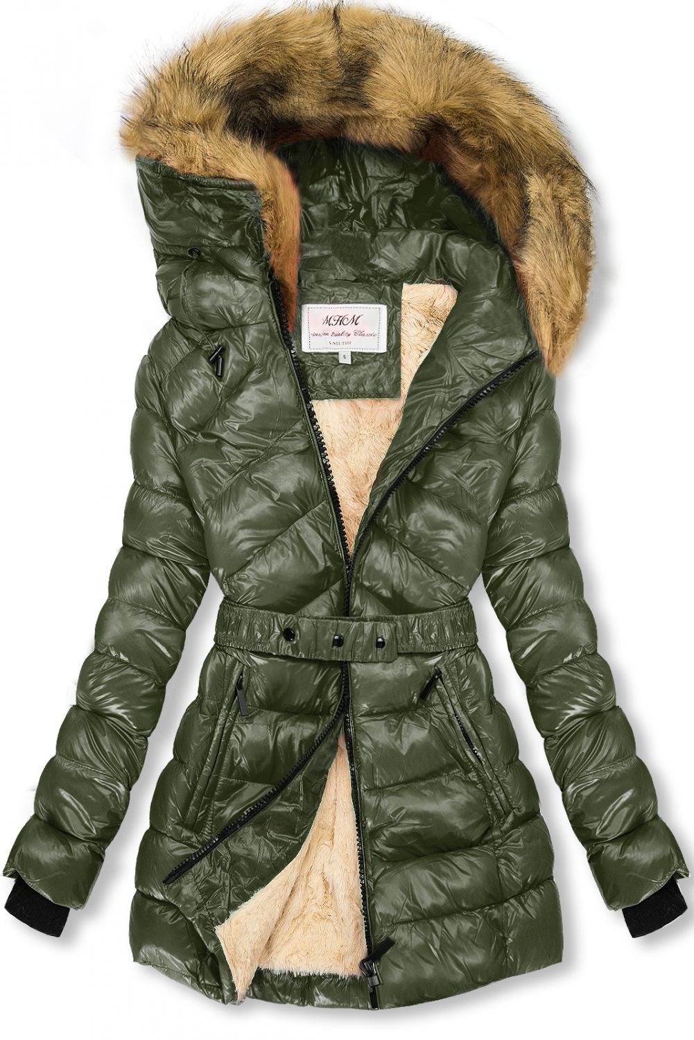 Belted winter jacket in khaki/beige