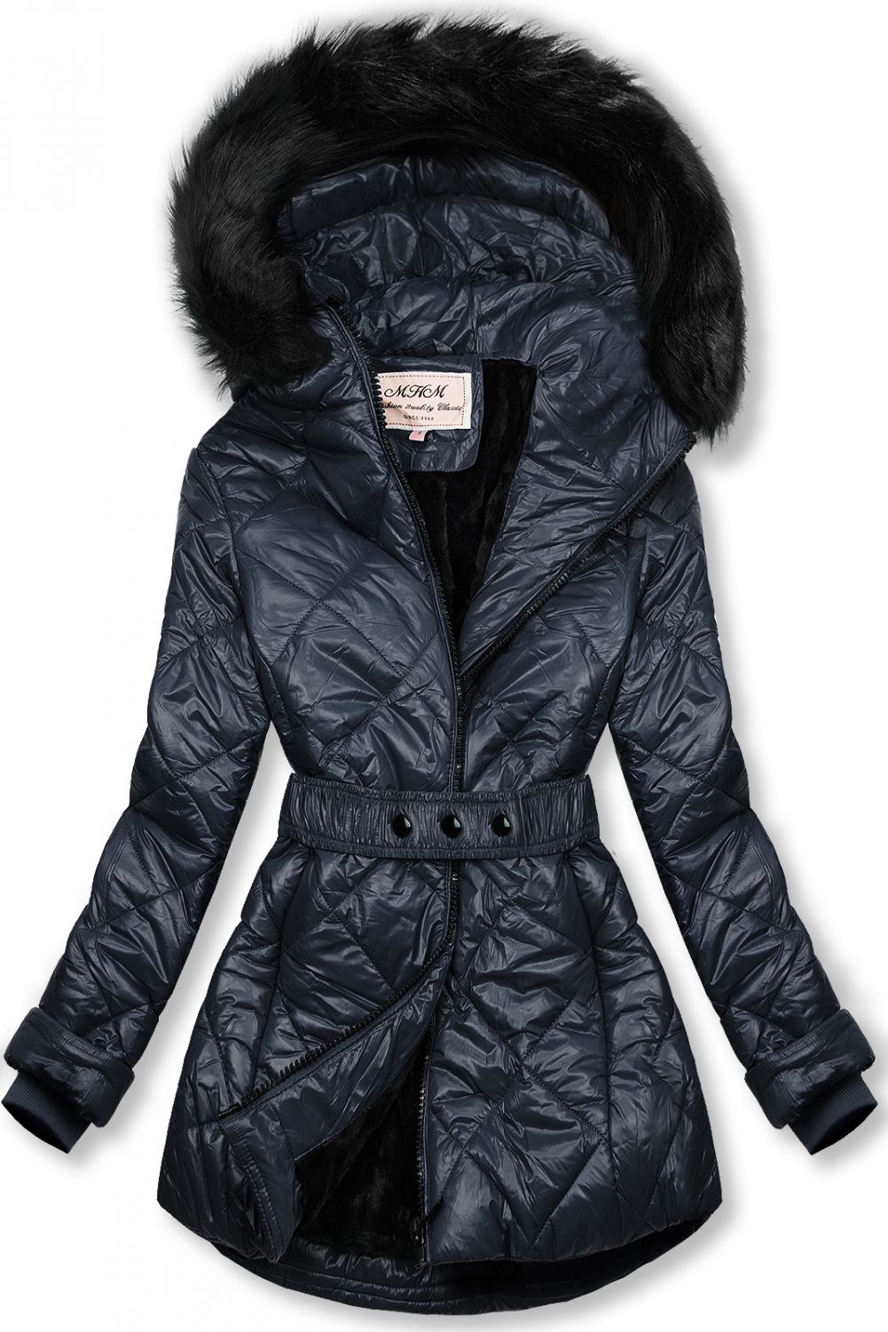 Belted winter jacket in dark blue