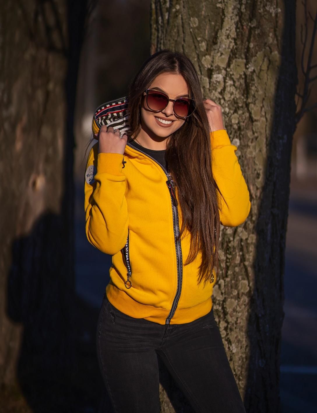 Yellow hoodie with striped lining