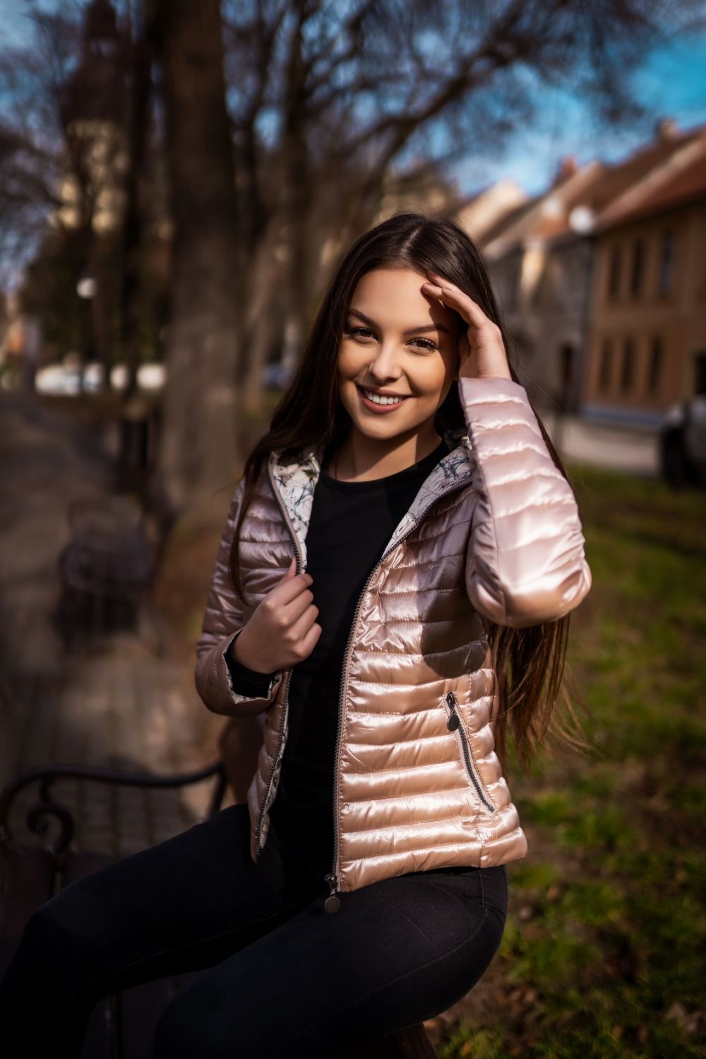 Red puffer jacket with patterned lining