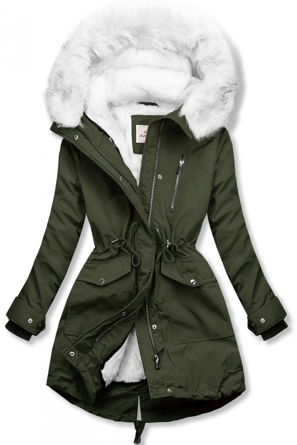 Parka jacket with removable fleece lining in khaki/white