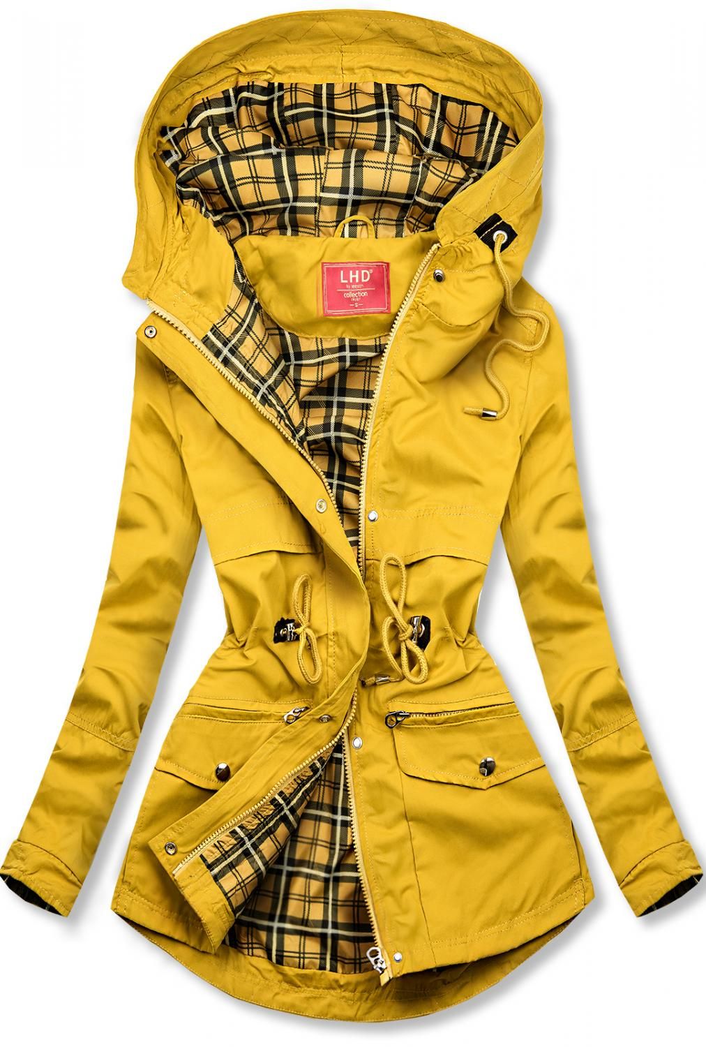 Yellow parka jacket with checked lining