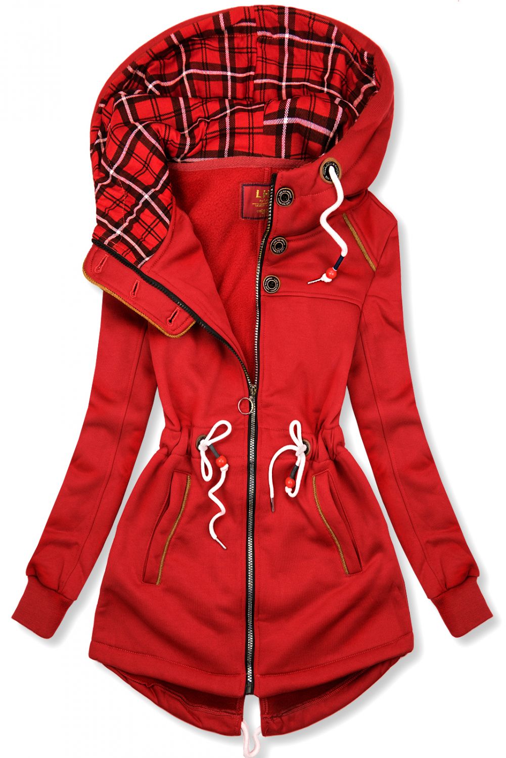 Red hoodie with drawstring belt