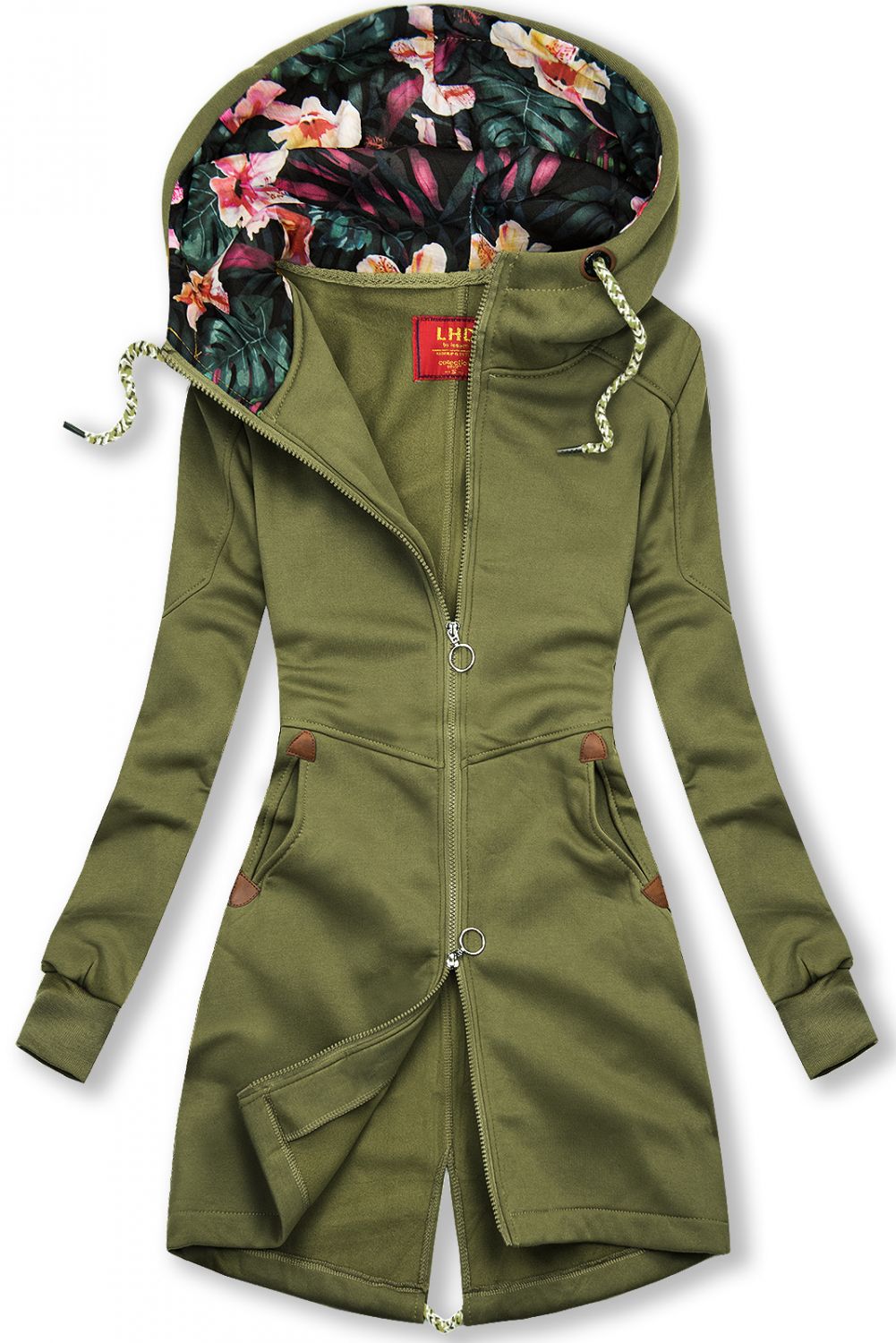 Khaki hoodie with two-way zip fastening