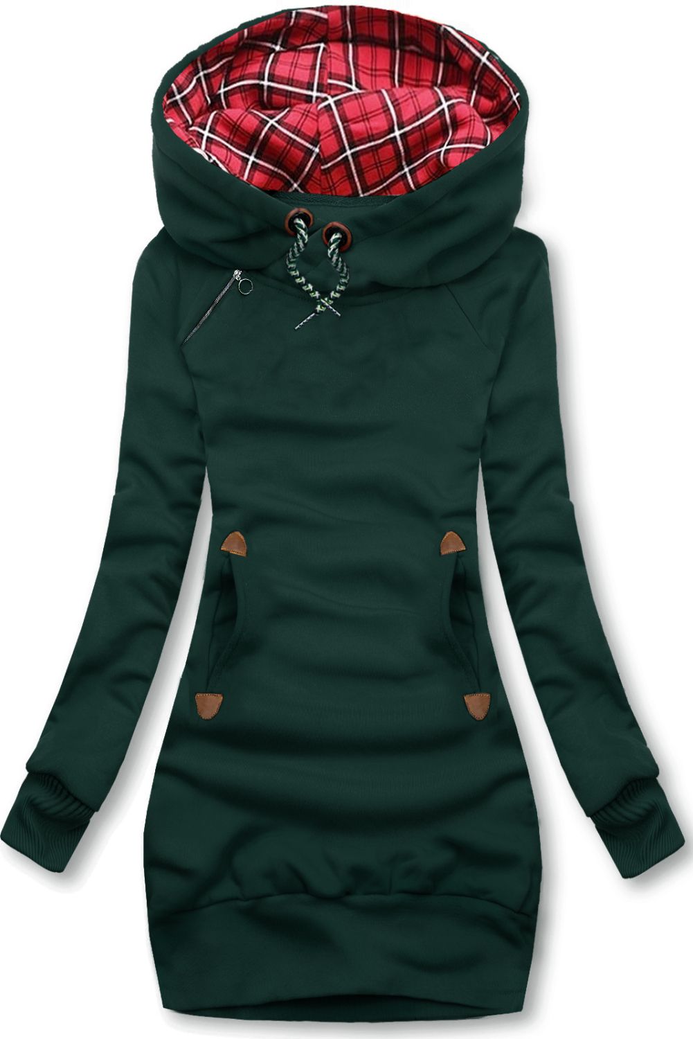 Hoodie sweatshirt dress with checked lining green