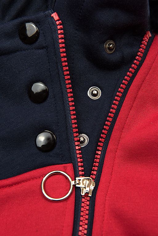 Red hoodie with an asymmetric zip fastening