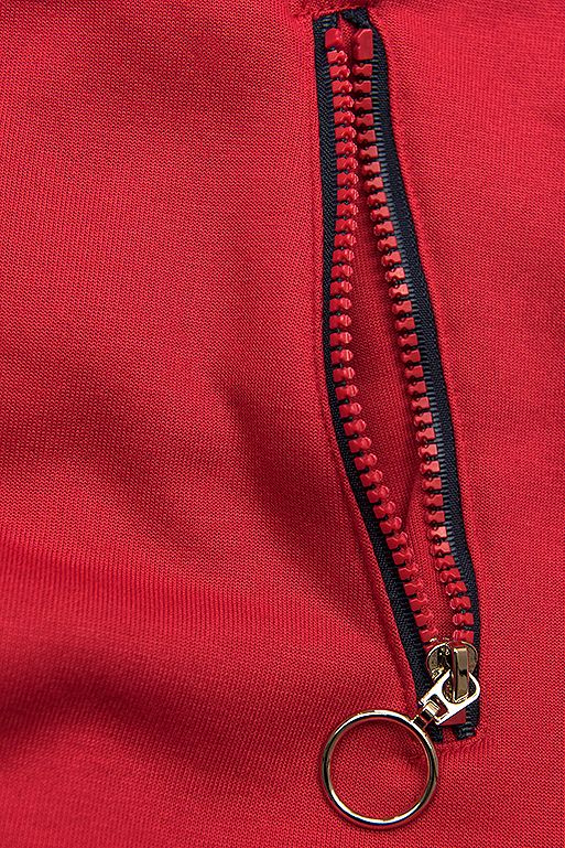 Red hoodie with an asymmetric zip fastening