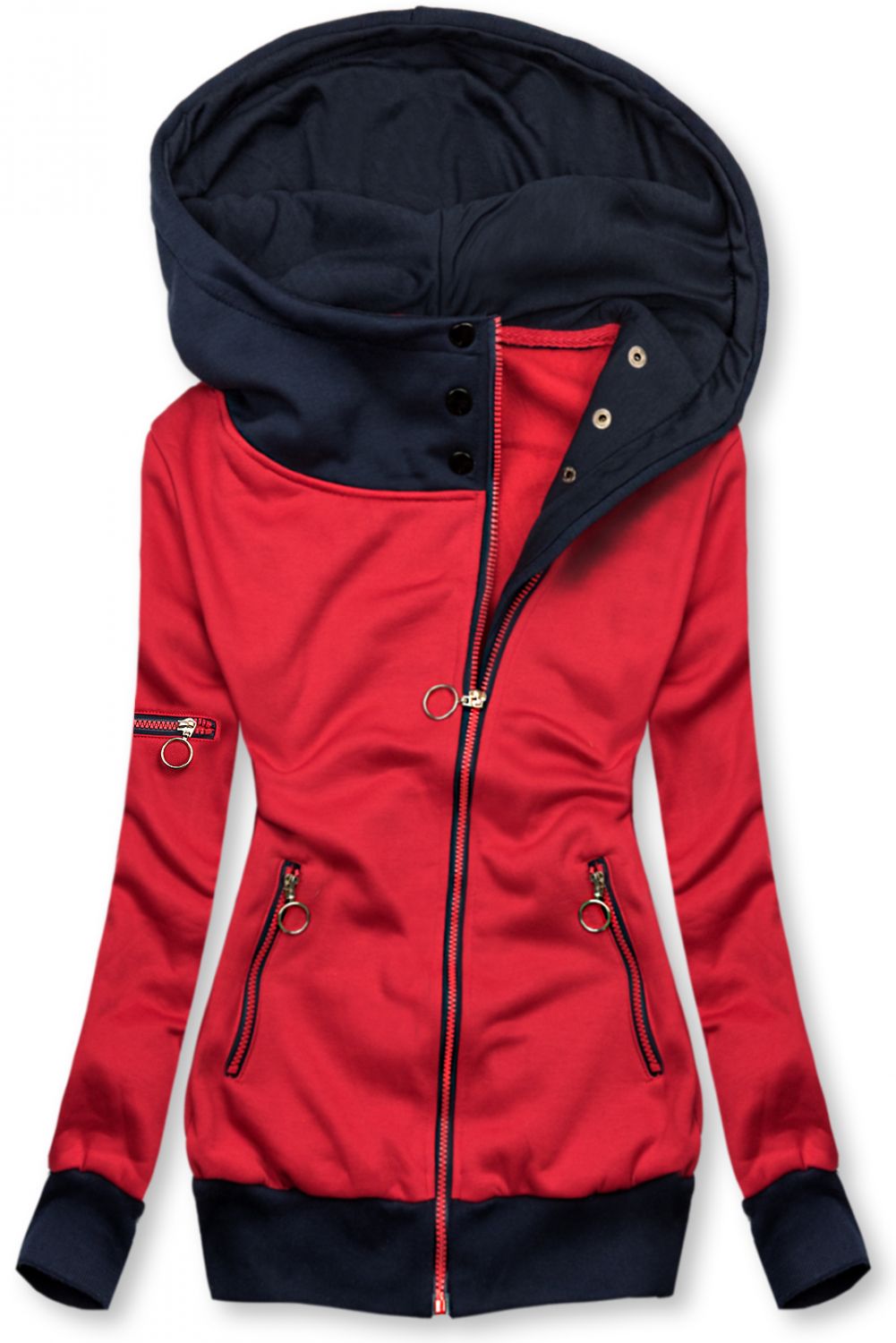 Red hoodie with an asymmetric zip fastening