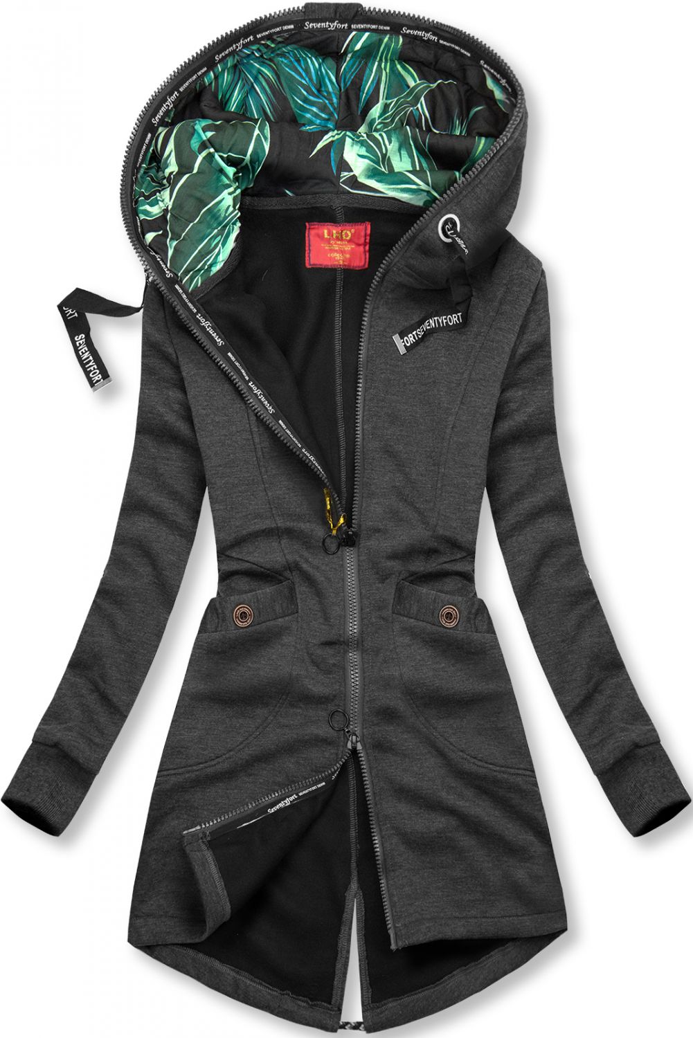 Dark gray sweatshirt with patterned hood lining